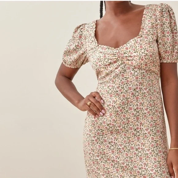 Reformation Kelby Floral Summer Dress Pink Cream Short Sleeve size small - Picture 2 of 12